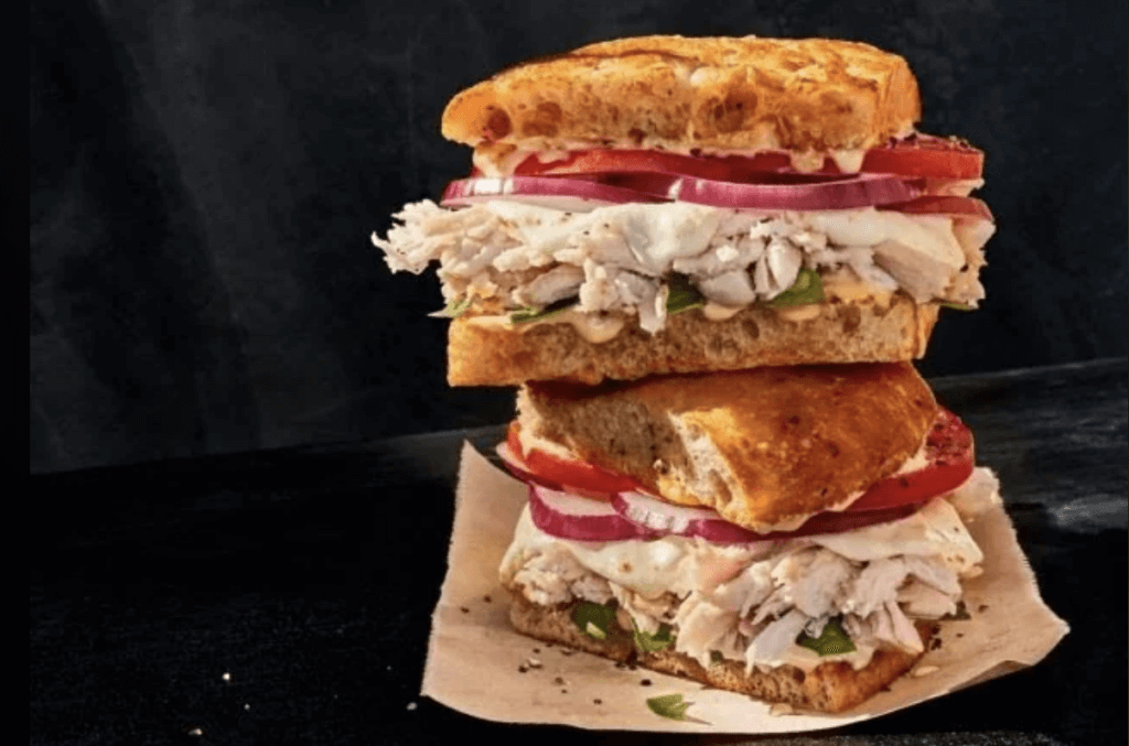 Panera Bread Toasted Frontega Chicken Sandwich on dark background